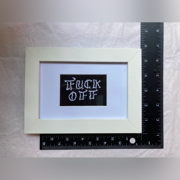 Handmade Needlepoint FUCK OFF White wood and glass frame over black cloth New! - Picture 5 of 5